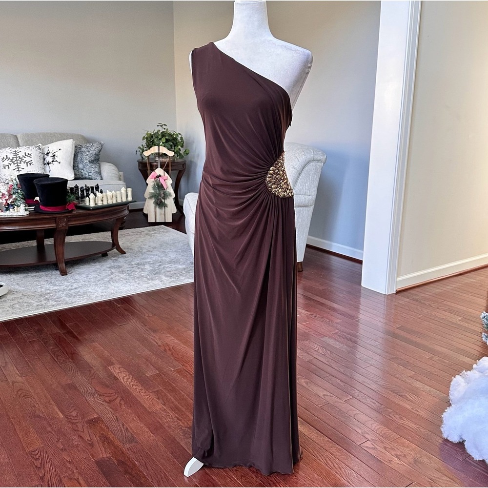 JS Boutique Brown Bronze Embellished Beaded Side One Shoulder Gown Dress‎